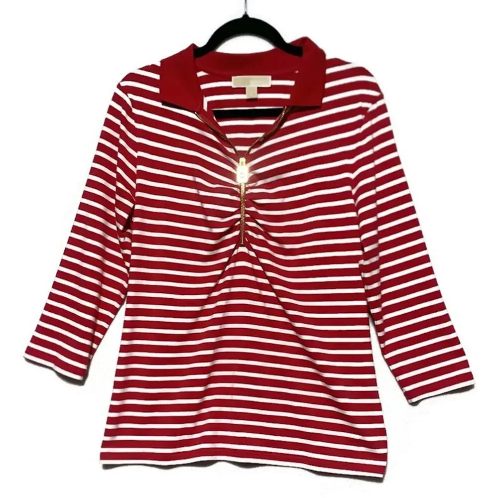 Michael Kors Red White Striped Top Women's Large 3/4 Sleeve Zip Front Blouse